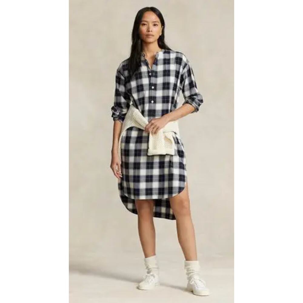 Ralph Lauren Navy Plaid Shirt Dress Tartan Button Front Women’s 8 NWOT - Picture 1 of 8